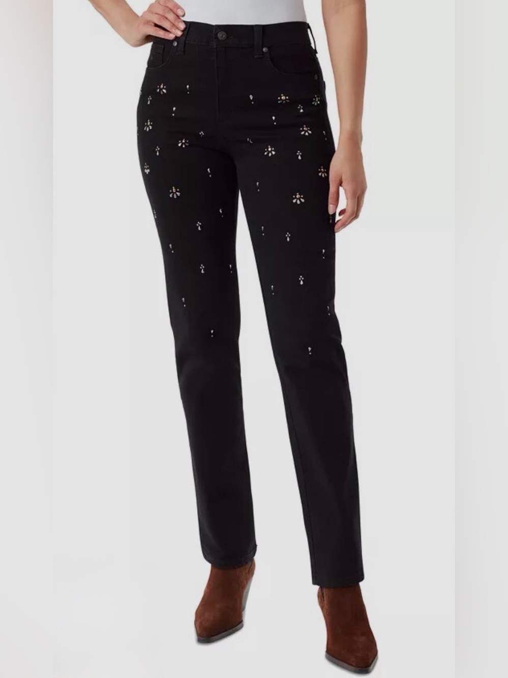 Gloria Vanderbilt Embellished Black Straight-Leg Pants Size 14 EUC Stretchy!